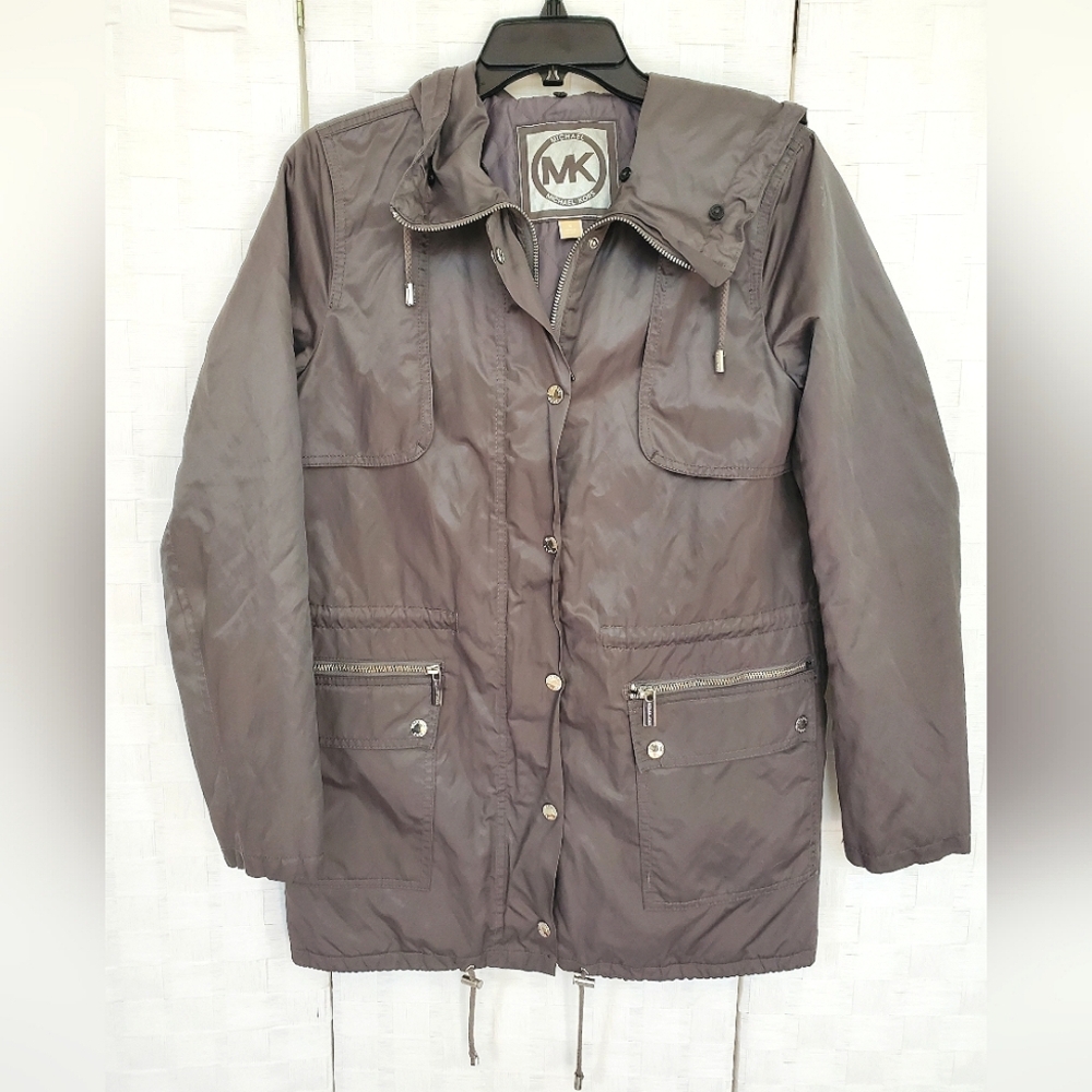 Michael Kors Quilted Gray Hooded Rain Jacket Coat Sz Small